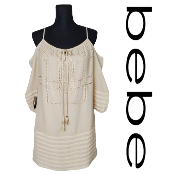 bebe Dresses & Skirts - NWT BEBE Off Shoulders Lantern Dress w/ Embroidered Insets & Cut Outs, Sz Small